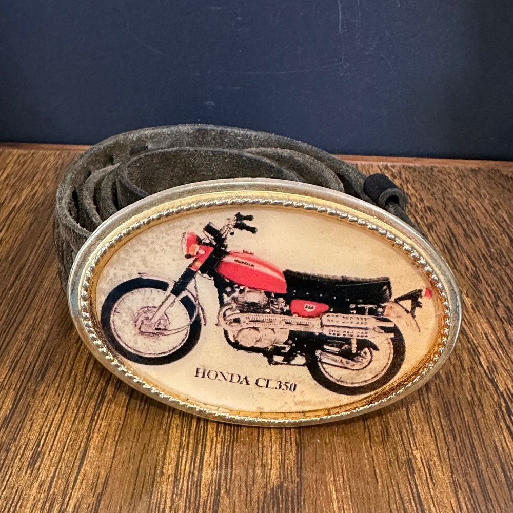 Vintage Honda Motorcycle Belt Buckle Woven Brown Leather Biker Belt 43in